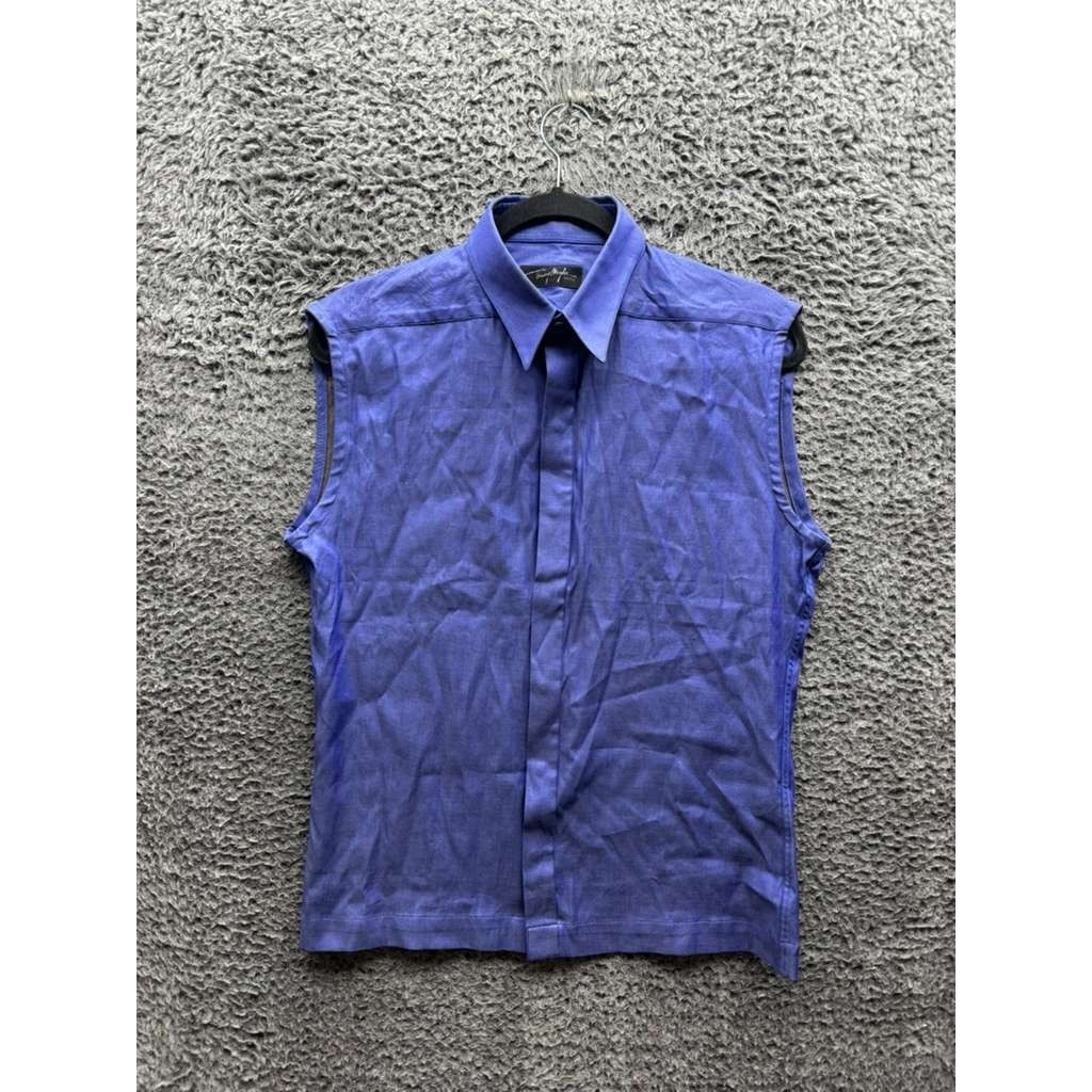 Thierry Mugler Cotton Full-Snap Collared Sleeveless Shirt Blue Mens Size 39/15.5
